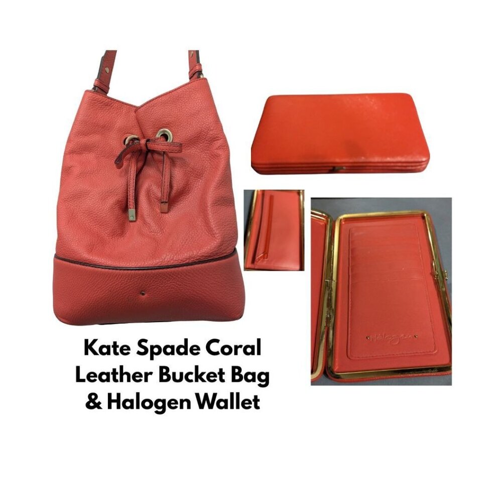 Kate Spade Coral Leather Bucket Bag & Coordinating Color Halogen Wallet w/flaws